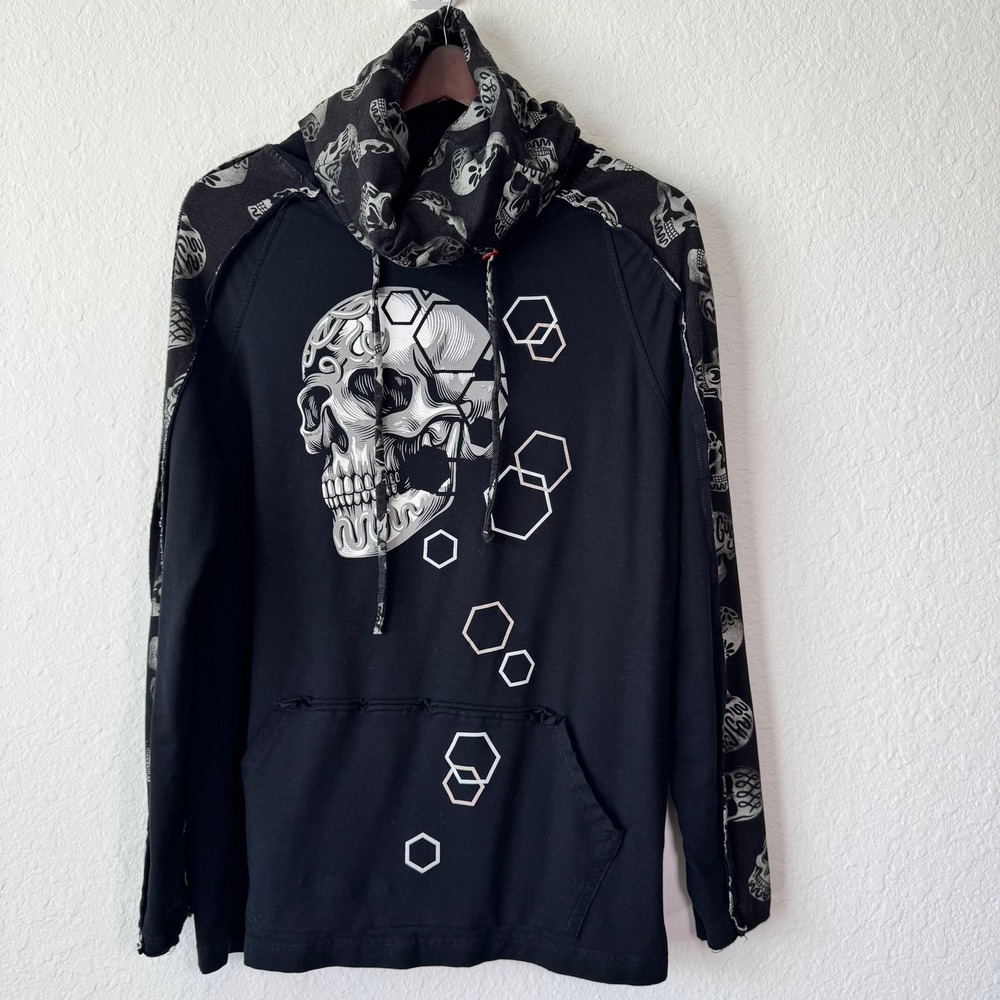 Ay Guey Mexico Mens Skull Graphic Cowl Neck Hoodie Black Grey Streetwear Flawed